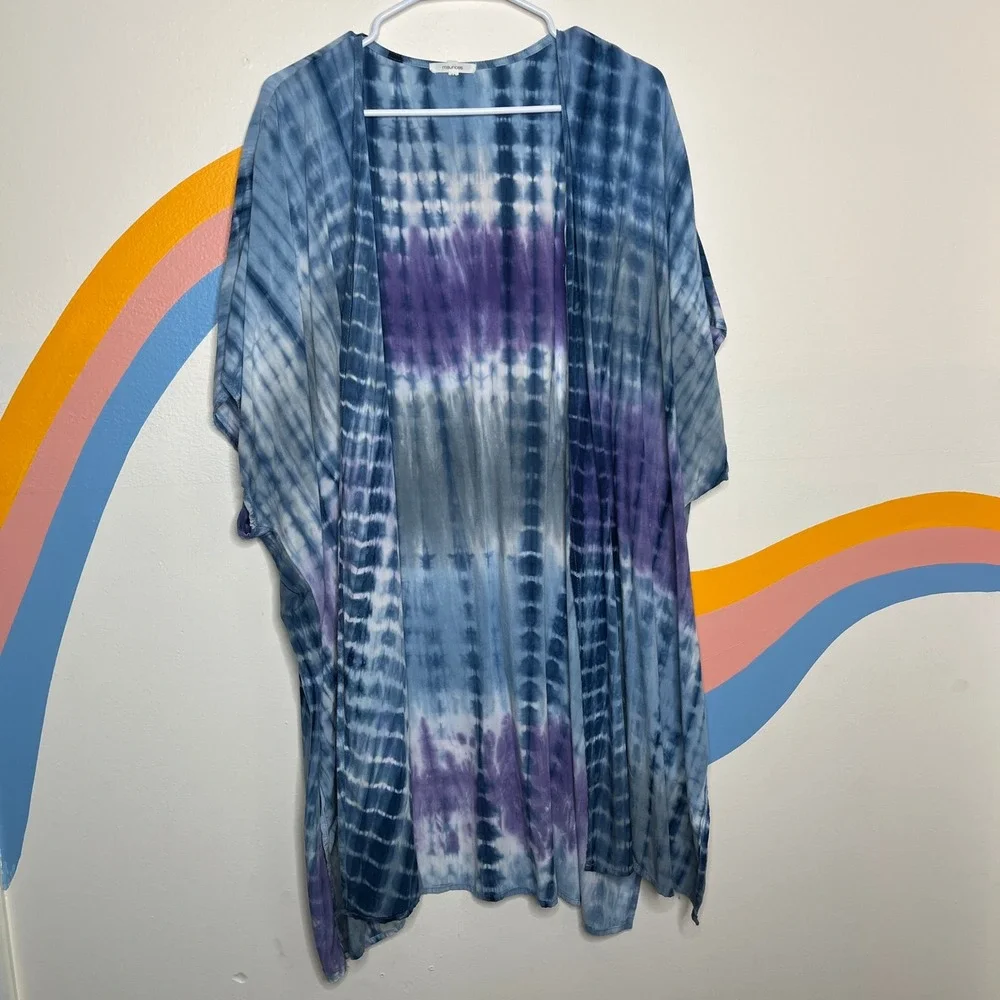 Womens Tie Dye Kimono Open Front Cover Up Blue Purple‎ L XL Boho Beachy Hippie